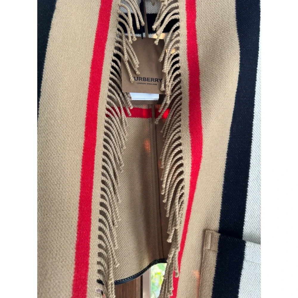 Burberry  Fringe Cape Poncho Wrap Shawl pockets stripes archive  beige wool NEW